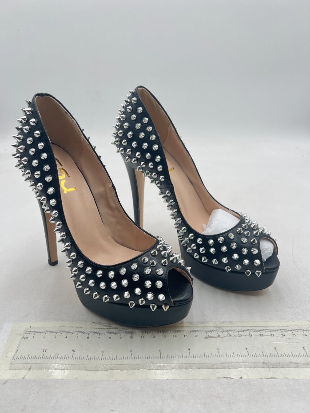 FSJ Black Silver Rivets Platform Heel Peep Toe High Stiletto Heel Slip On Pumps - Picture 4 of 8
